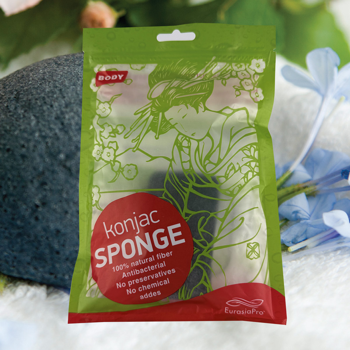 Konjac Sponge Body black / Спонж Конжак для тела с бамбуковой золой / Очищение кожи, уход за кожей, губка для тела EurasiaPro