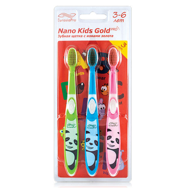 Nano Kids  Gold, 3pcs, age 3-6 y.o. / 3 Детские антибактериальные зубные щетки Нано Кидс  Голд с ионами золота. Возраст 3-6 лет, Розовый/Жёлтый/Зеленый /  Гигиена полости рта. филак