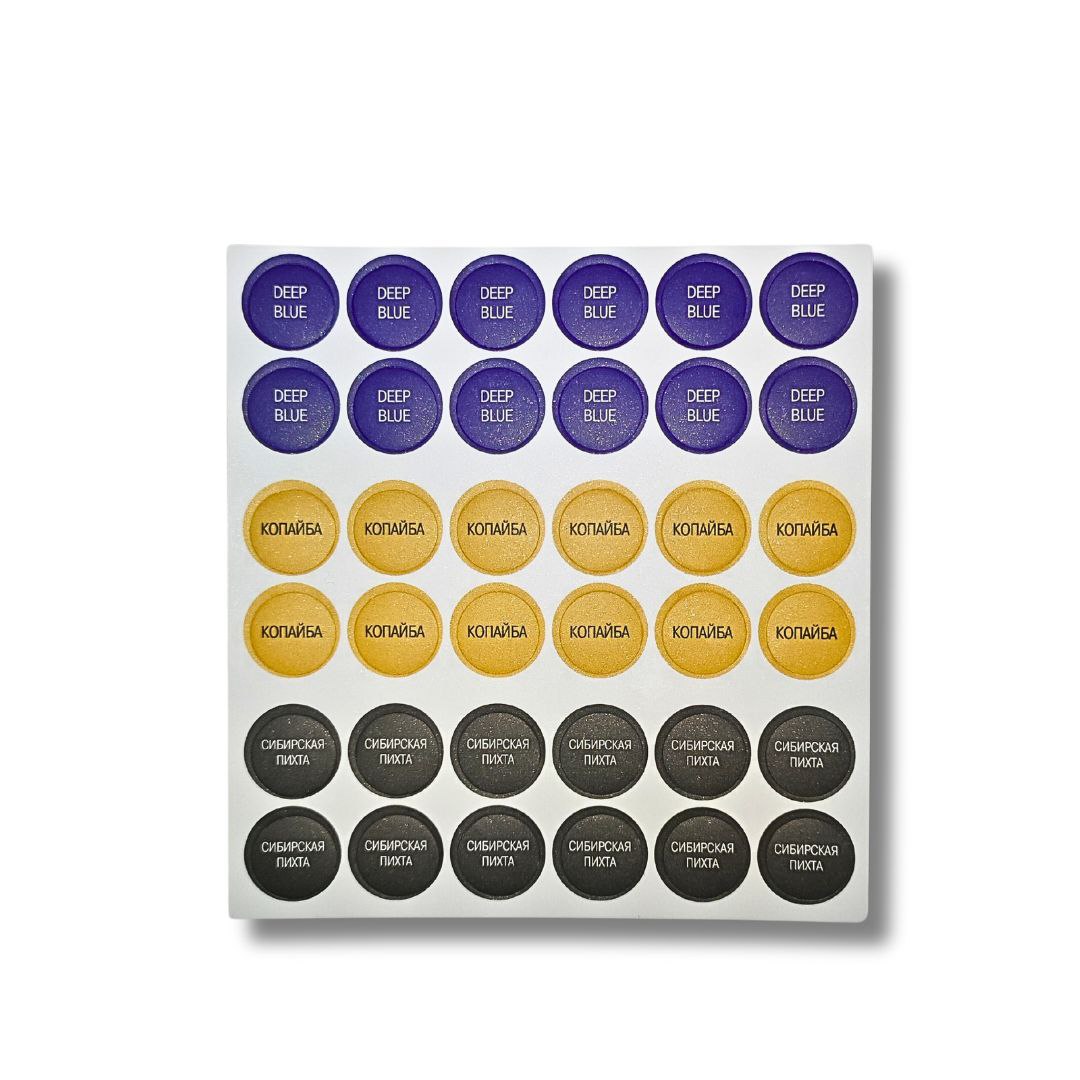 Стикеры: Deep Blue, Копайба, Сибирская пихта (3×12 шт.)