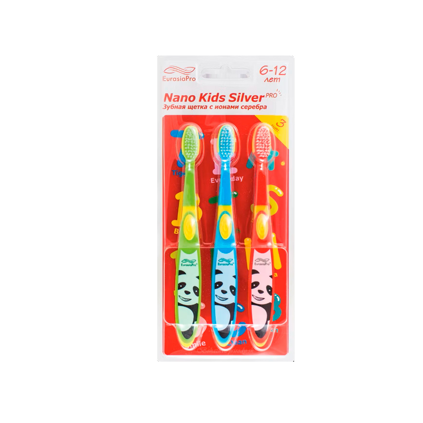 Nano Kids  Silver, 3pcs, age 6-12 y.o. / 3 Детские антибактериальные зубные щетки Нано Кидс  Сильвер с ионами серебра. 6-12 лет, цвет: Розовый/Жёлтый/Зеленый /  Гигиена полости рта. EurasiaPro