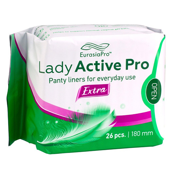 Lady Active Pro Extra / Леди Эктив ПРО Экстра, Ежедневные гигиенические прокладки с целебной вставкой, 180 мм. / 26 шт. / Интимная гигиена, женское здоровье, анионовые прокладки EurasiaPro