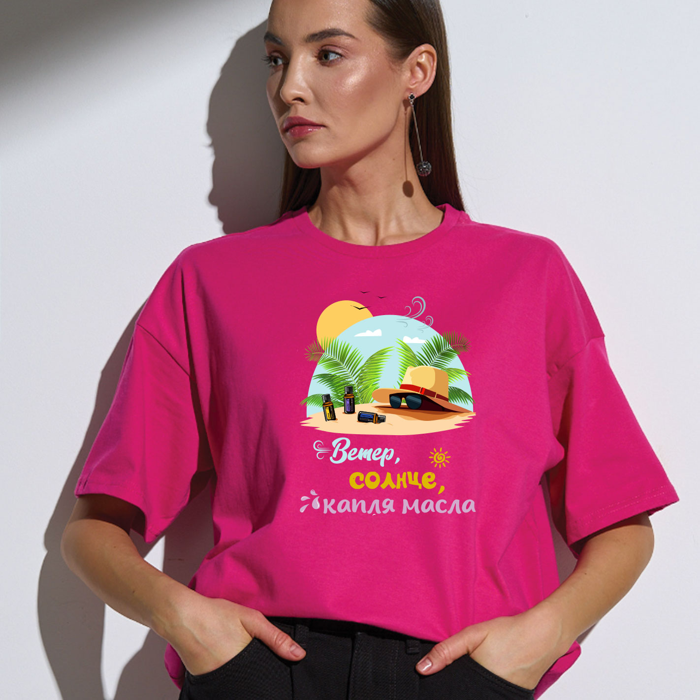 Футболка с принтом Ветер солнце капля масла фуксия L 