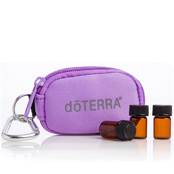 PURPLE COSMETIC BAG WITH BOTTLES / Сумочка-брелок, фиолетового цвета, с 8-ью пустыми бутылочками, из затемненного стекла, по 2 мл doTERRA.