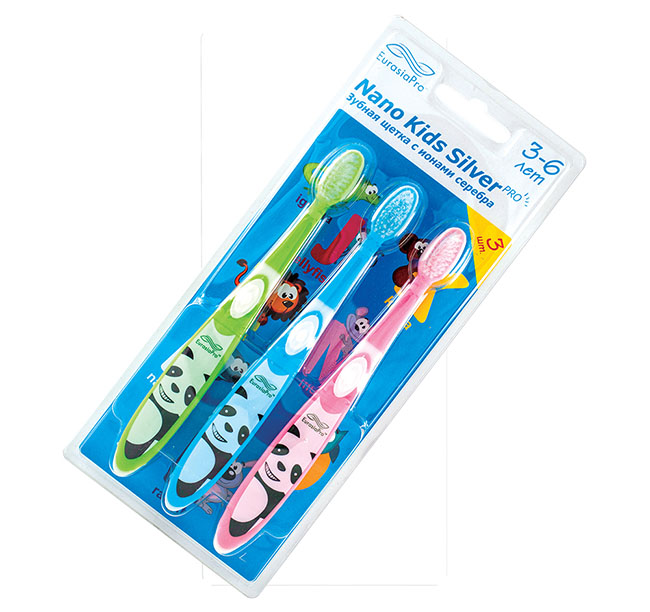 Nano Kids  Silver, 3pcs, age 3-6 y.o. / 3 Детские антибактериальные зубные щетки Нано Кидс  Сильвер с ионами серебра. 3-6 лет, цвет: Розовый/Жёлтый/Зеленый /  Гигиена полости рта. EurasiaPro
