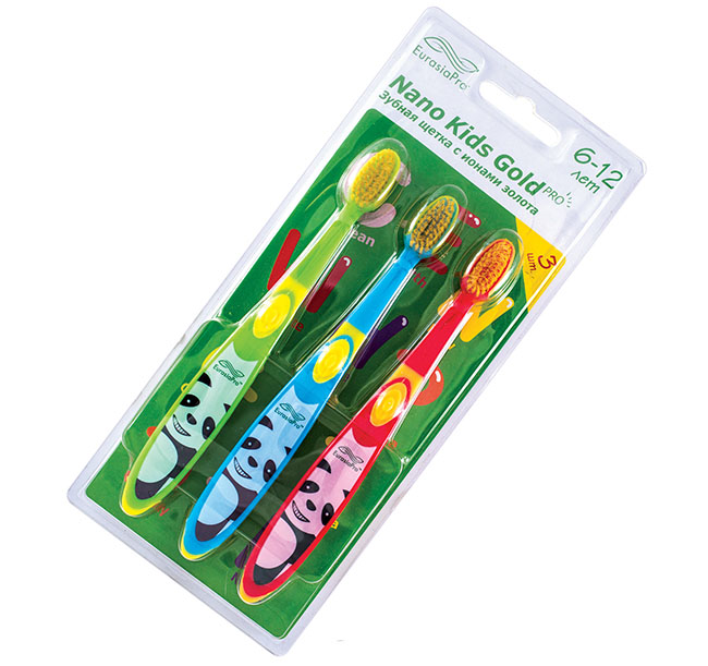 Nano Kids  Gold, 3pcs, age 6-12 y.o. / 3 Детские антибактериальные зубные щетки Нано Кидс  Голд с ионами золота., возраст 6-12 лет. цвет: Красный/Синий/Зеленый /  Гигиена полости рта, фила EurasiaPro